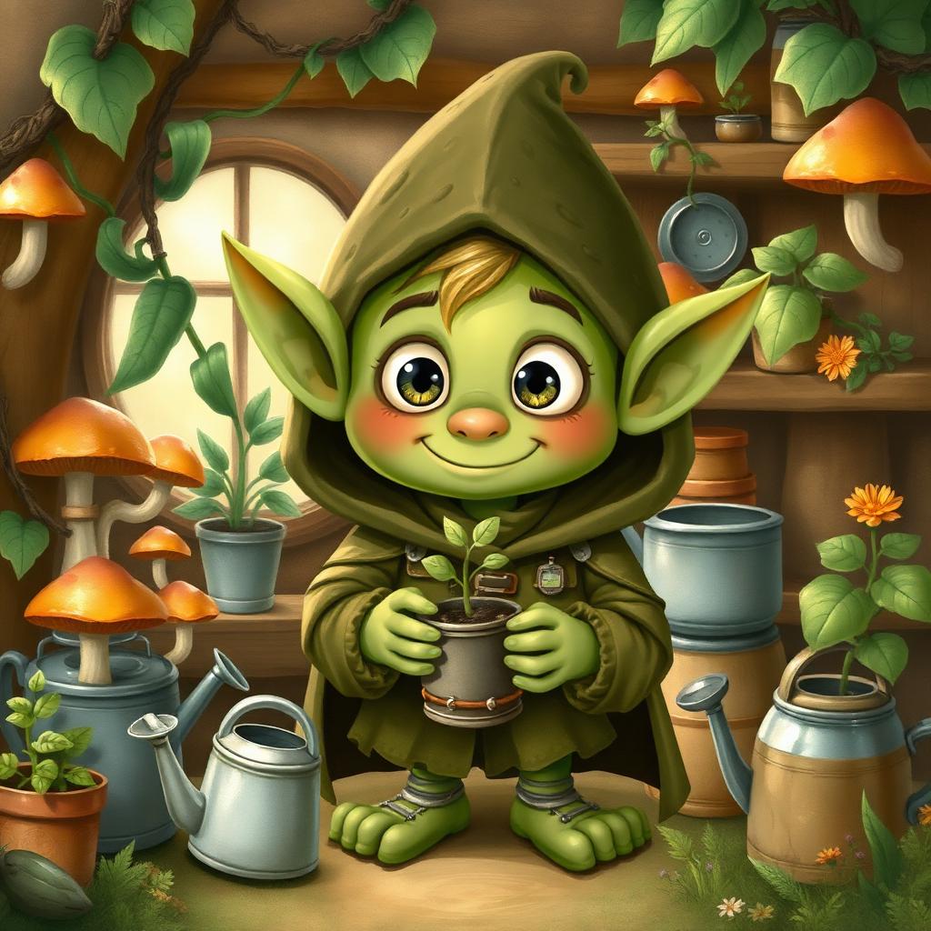 Bibble, the cheerful goblin botanist, holding a small potted plant