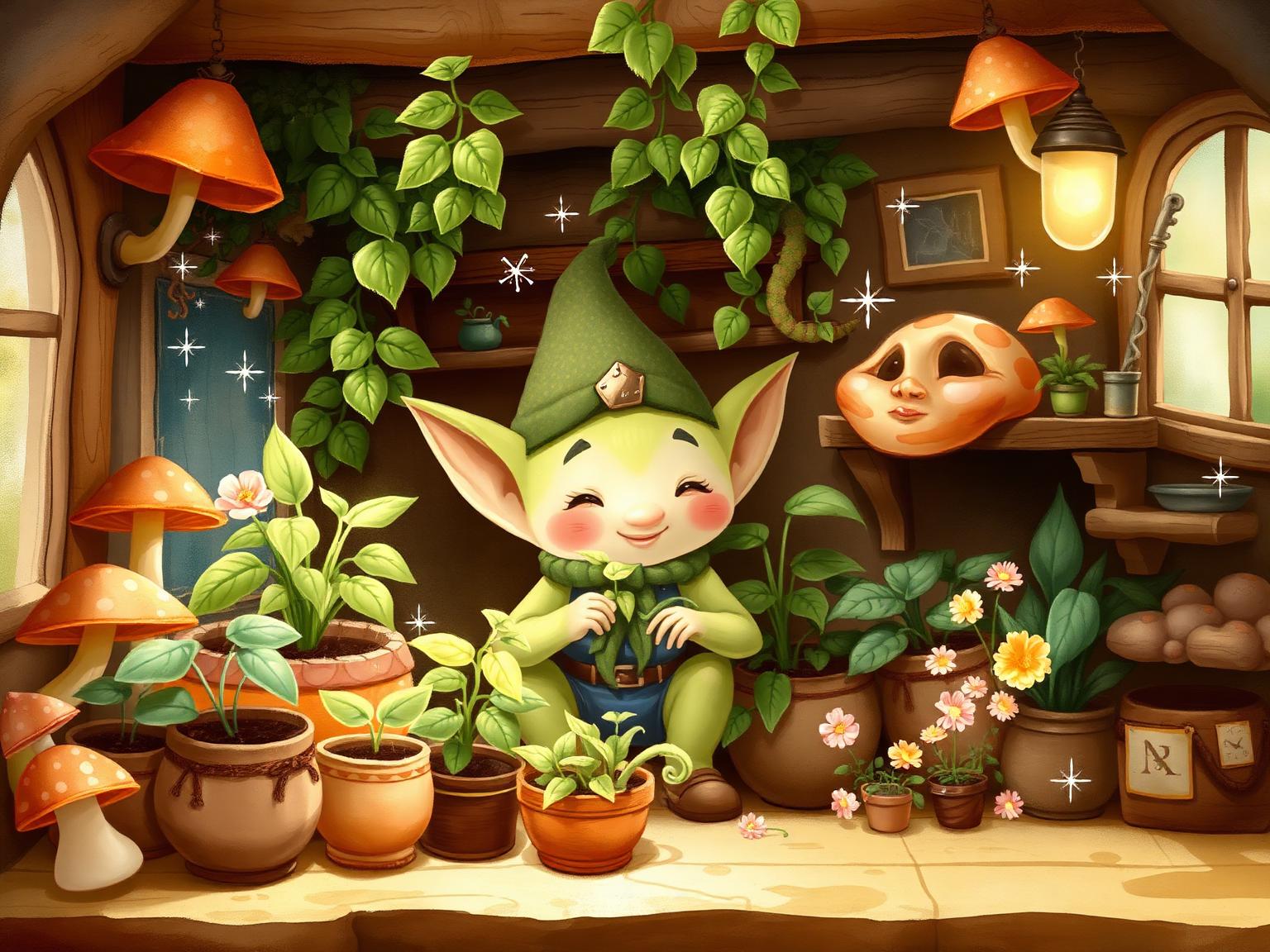 A friendly goblin tending houseplants in a cozy forest workshop