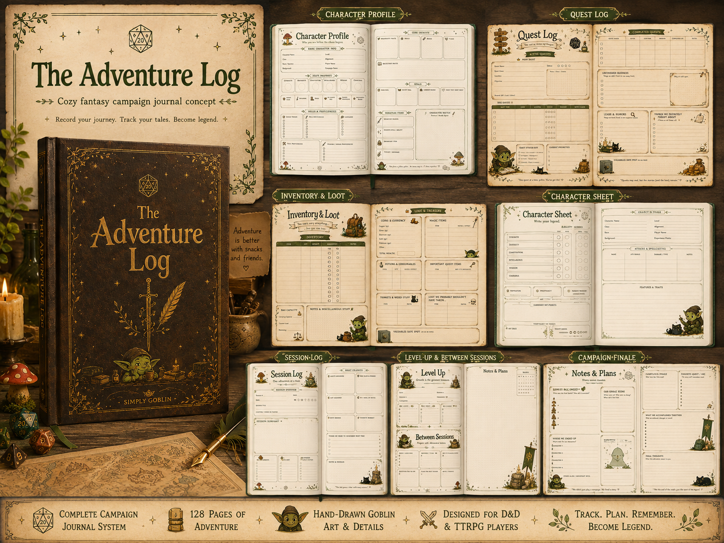 The Adventure Log campaign journal mockup showing the cover and interior page designs