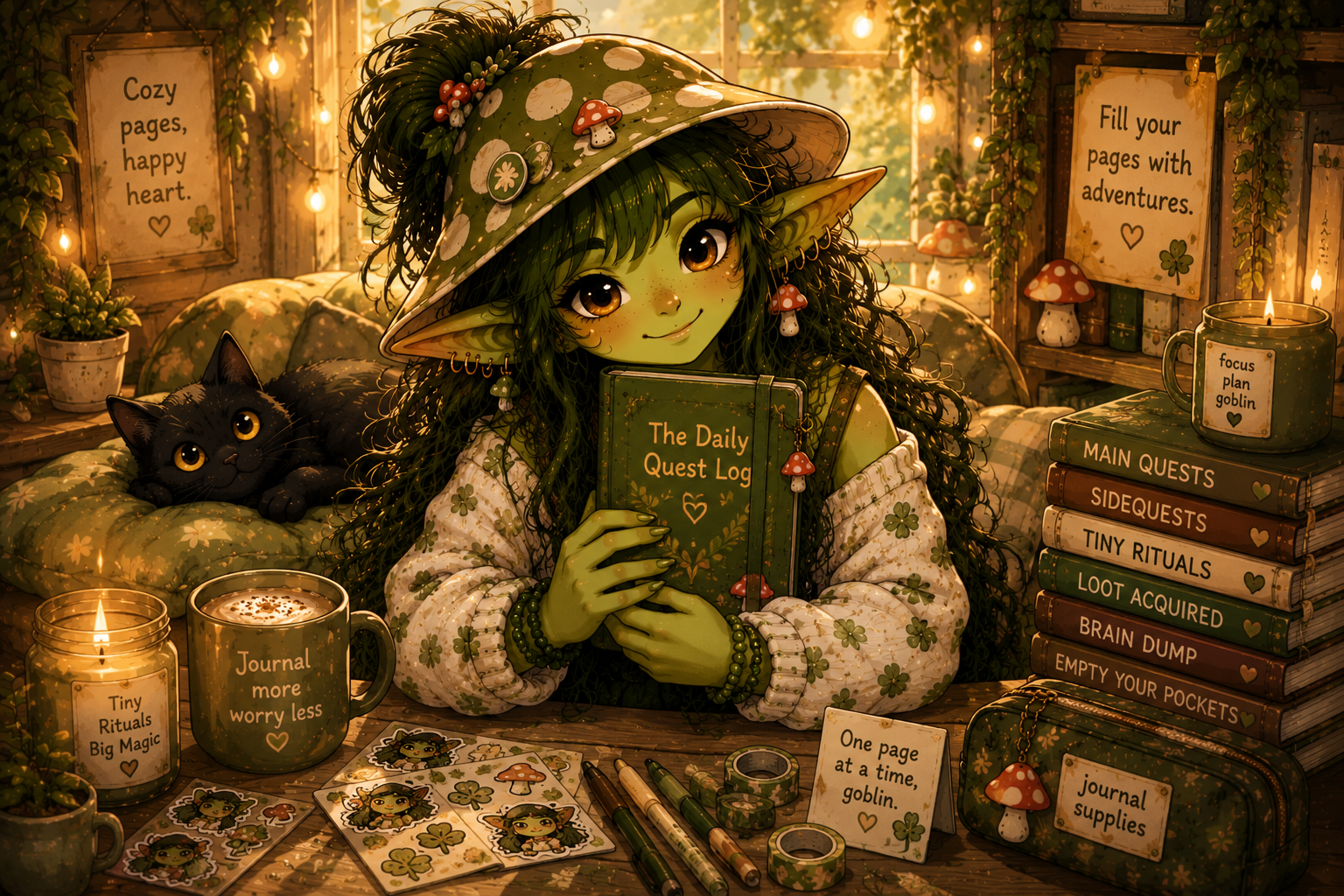 Bibble holding The Daily Quest Log in a cozy journaling nook surrounded by notebooks, stickers, pens, and stationery.