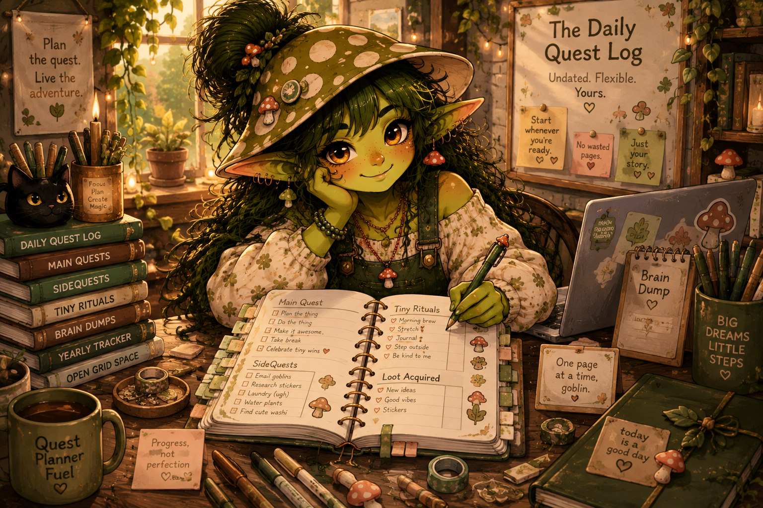 Bibble planning in The Daily Quest Log surrounded by pens, tabs, stickers, and cozy stationery.
