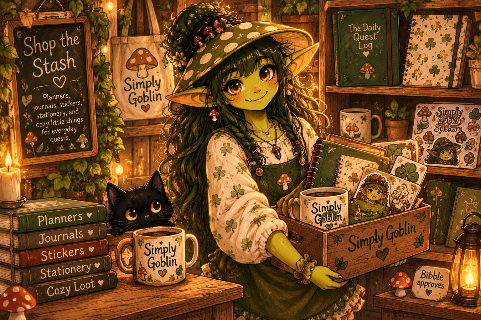 Bibble stocking planners, journals, stickers, stationery, and cozy loot in the Simply Goblin shop.