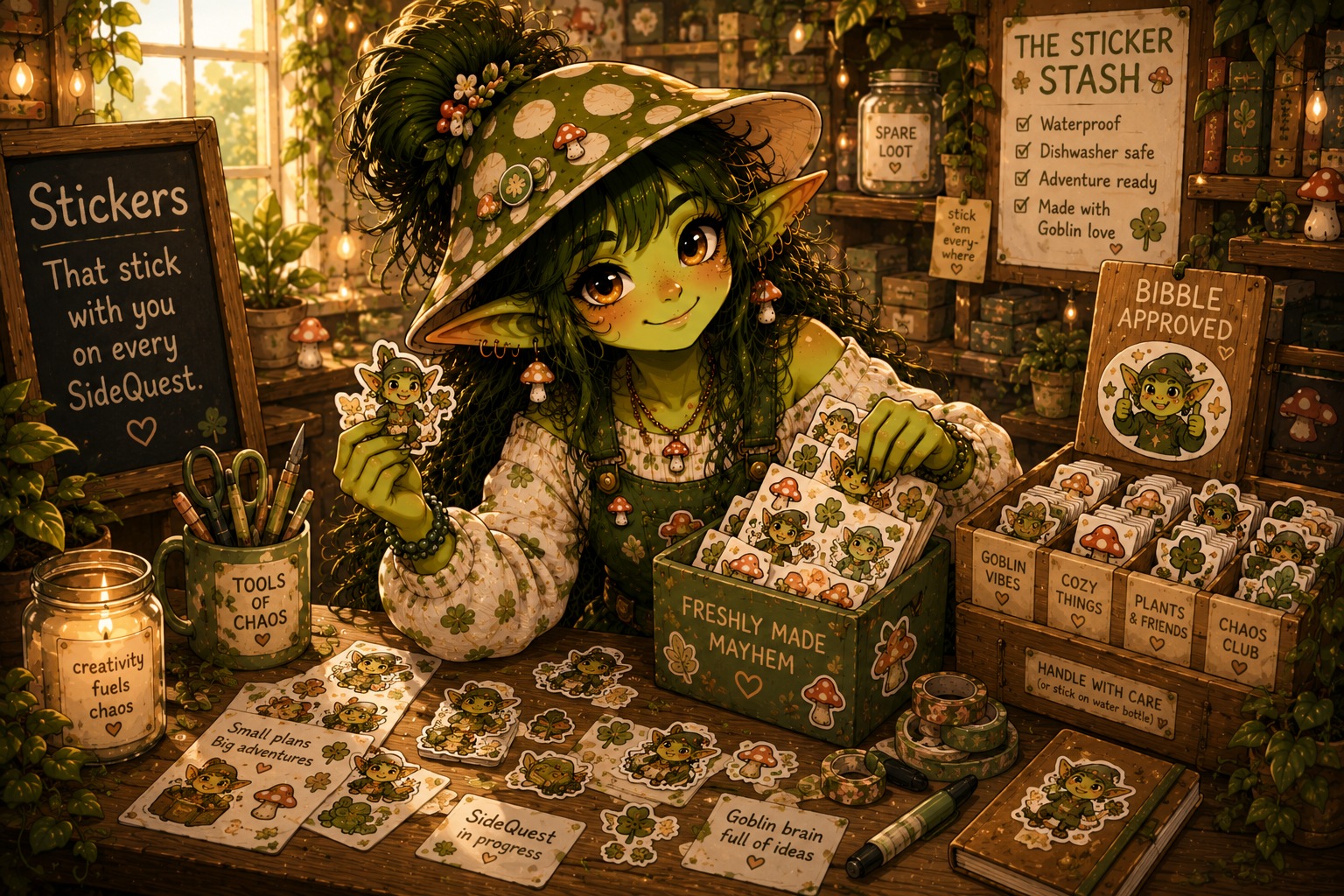 Bibble sorting and making Simply Goblin stickers in a cozy sticker stash surrounded by stationery and craft supplies.