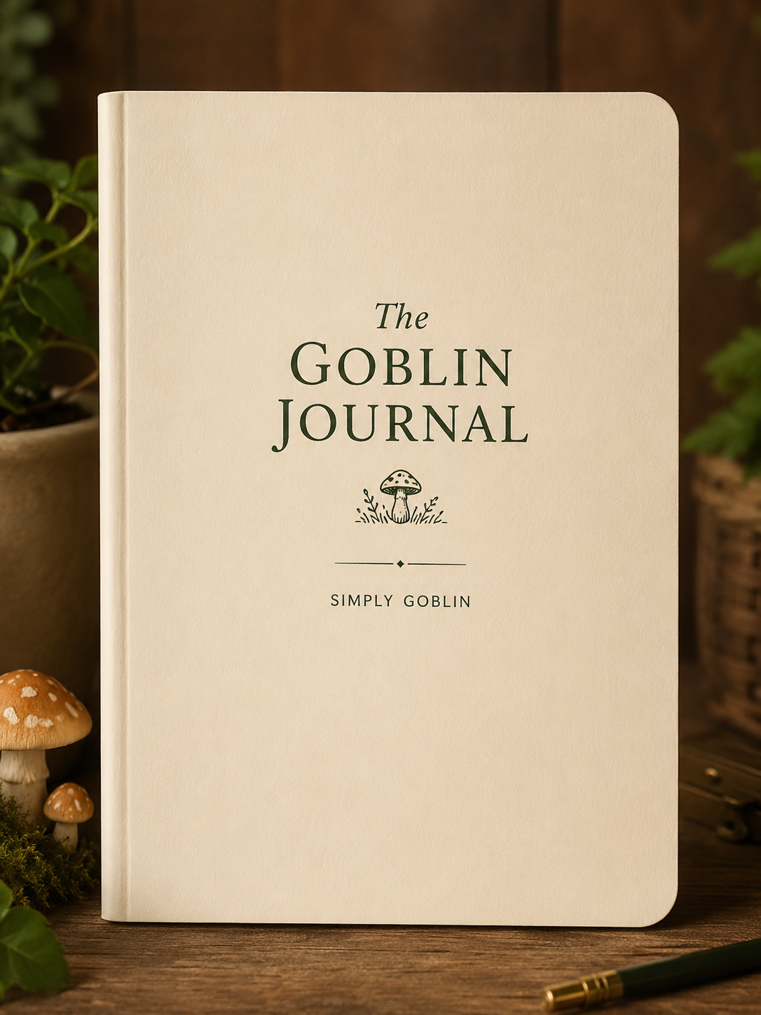 Cream The Goblin Journal concept with dark forest green lettering and a mushroom illustration